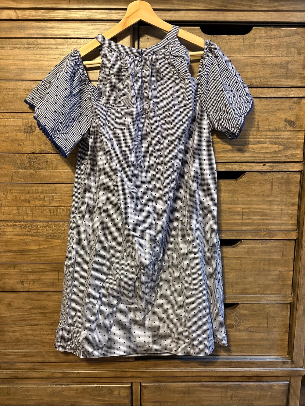 London Times Blue Gingham Cold Shoulder Dress Plus Size 16 Cotton Cottagecore - Picture 5 of 6